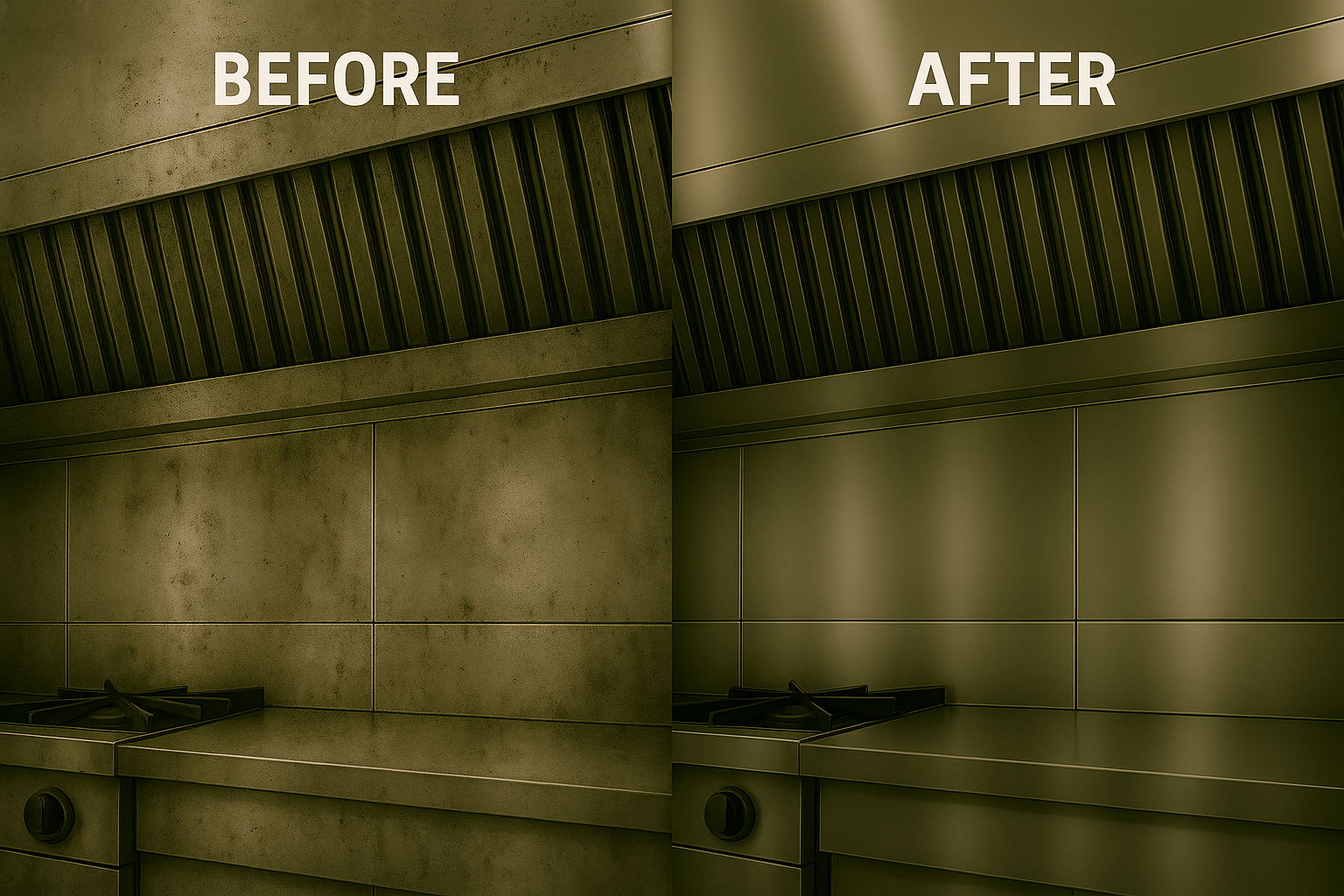 A before and after image of a clean restaurant exhaust hood that was cleaned by done right hood and fire safety's certified hood cleaners.