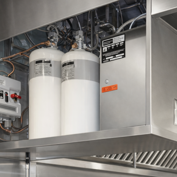 Commercial kitchen fire suppression system installed inside exhaust hood to prevent grease fires and ensure NFPA 96 compliance